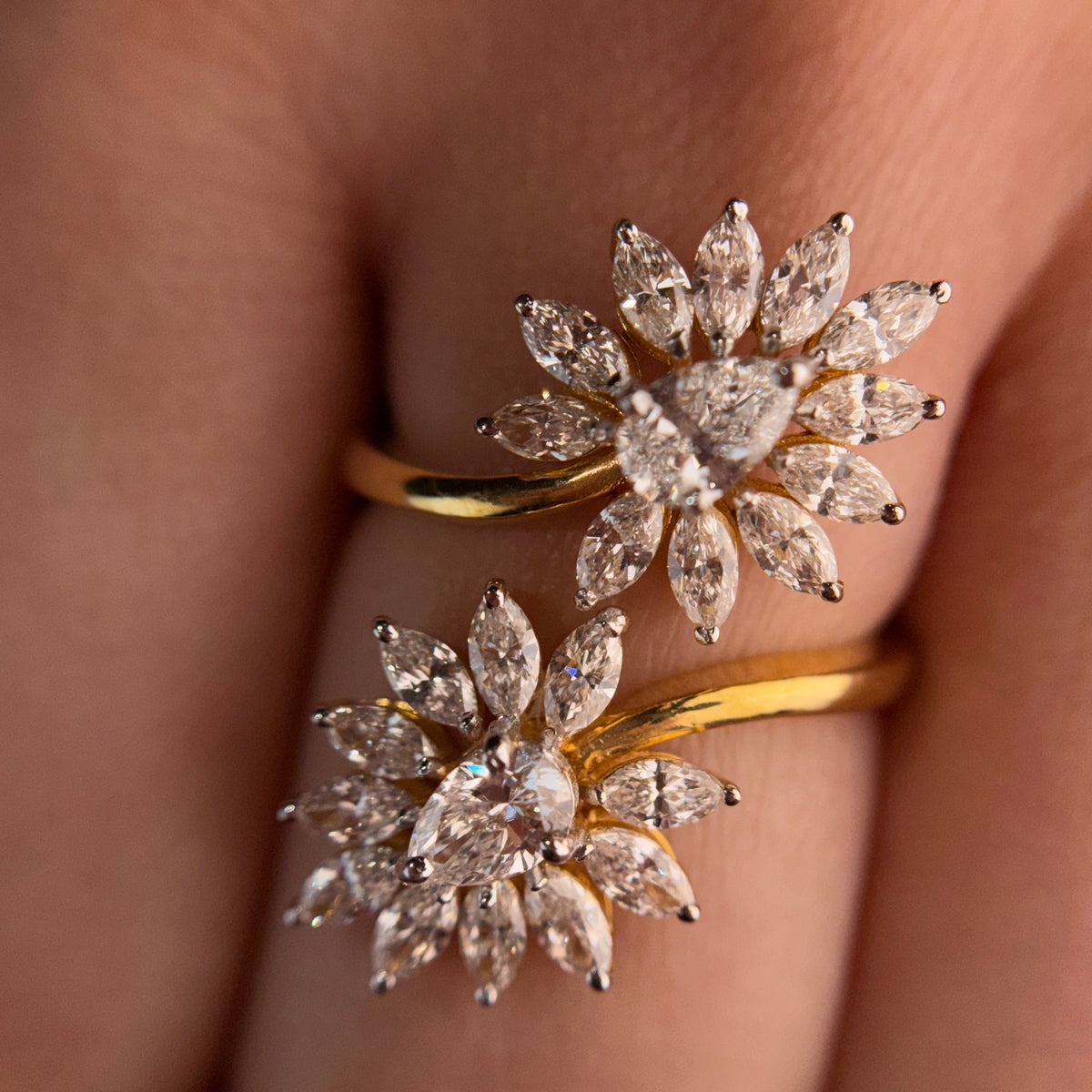 Double Flower Moissanite Diamond Sterling Silver Engagement Ring