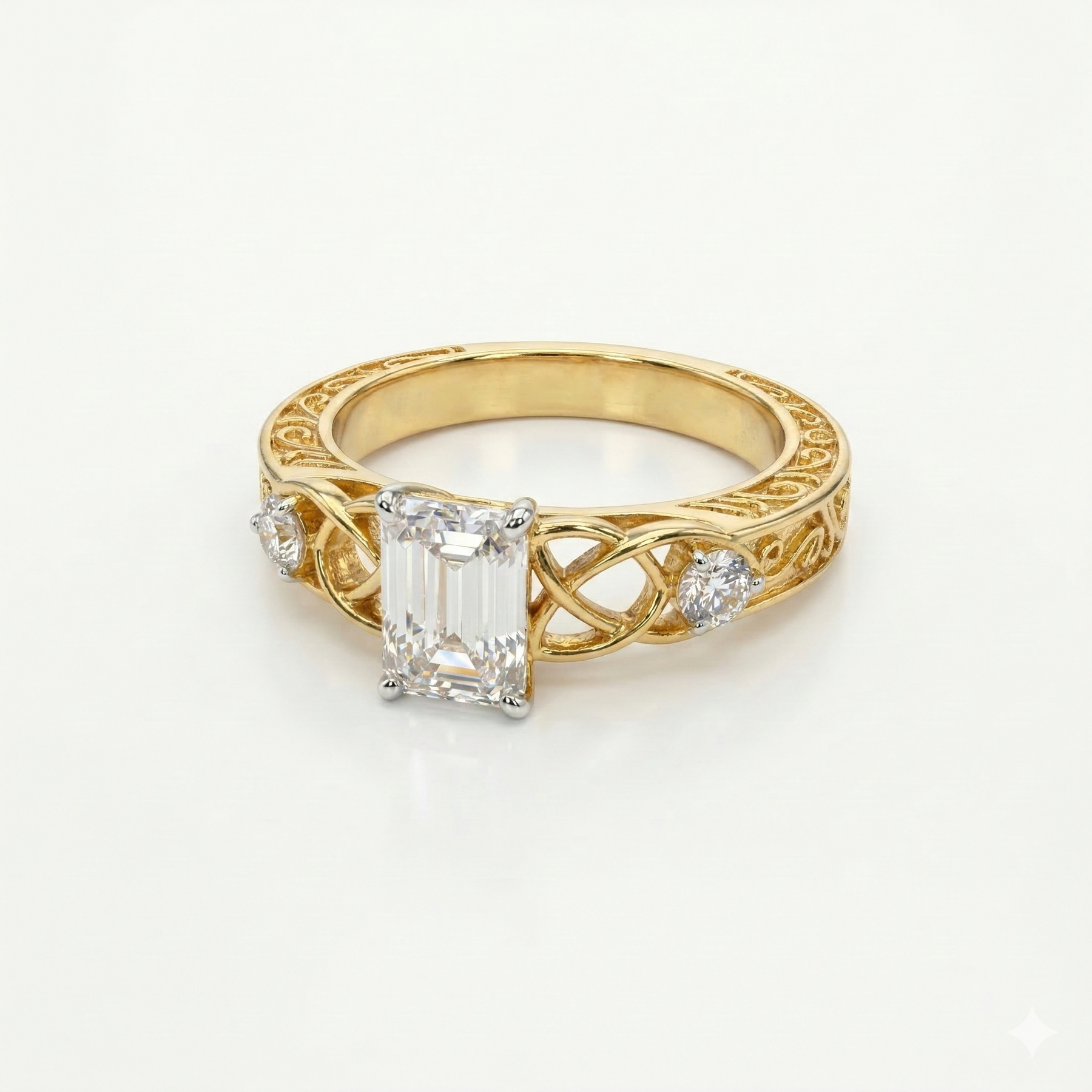 Emerald & Round Cut Lab Grown Diamond 14K Gold Engagement Ring