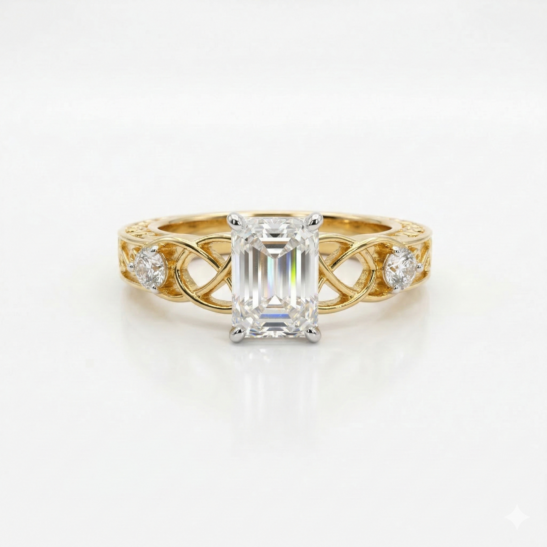 Emerald & Round Cut Lab Grown Diamond 14K Gold Engagement Ring