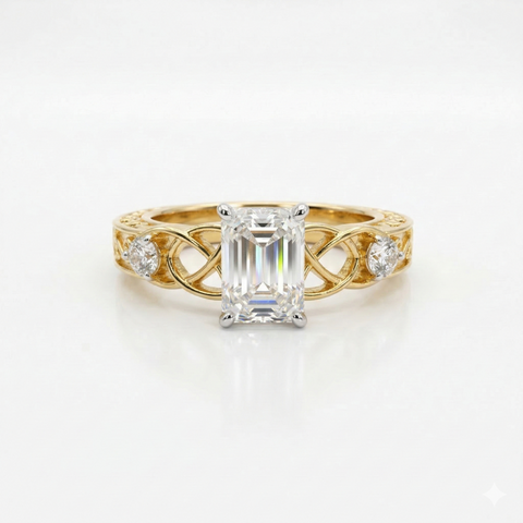 Emerald & Round Cut Lab Grown Diamond 14K Gold Engagement Ring