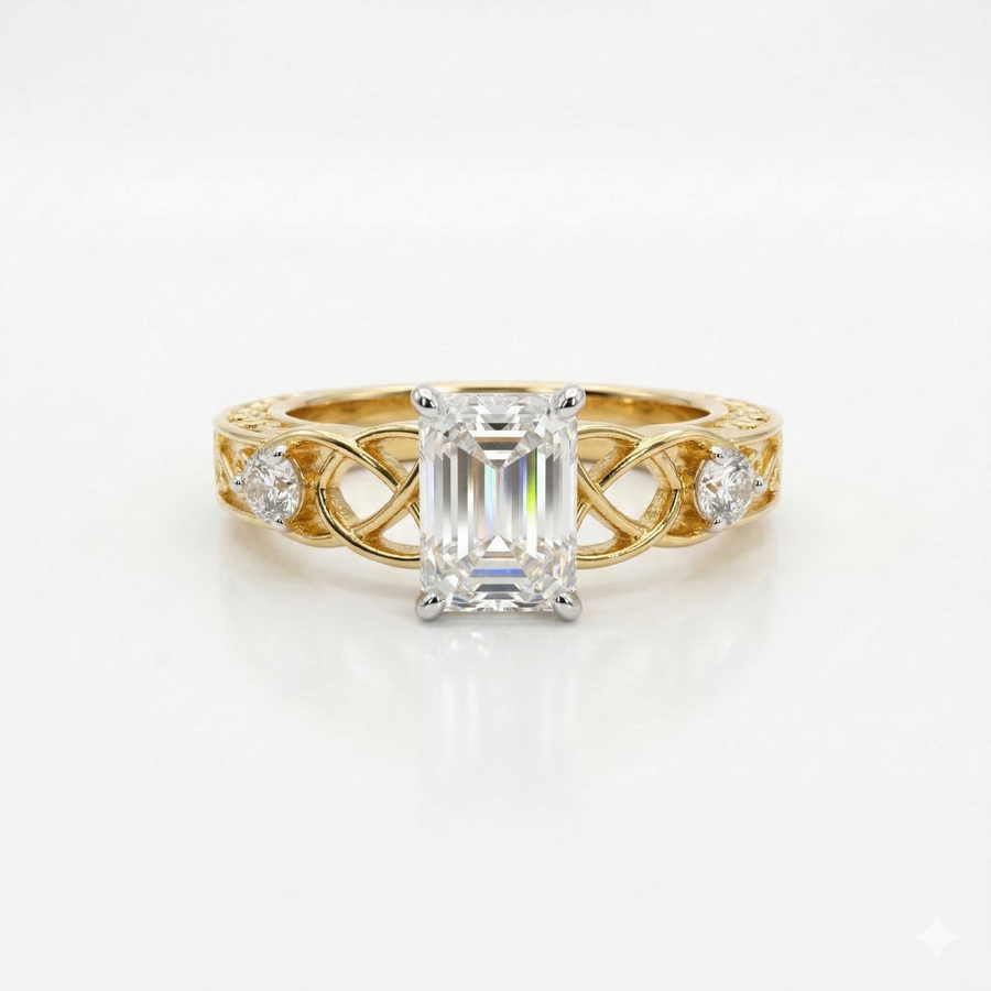 Emerald & Round Cut Lab Grown Diamond 14K Gold Engagement Ring