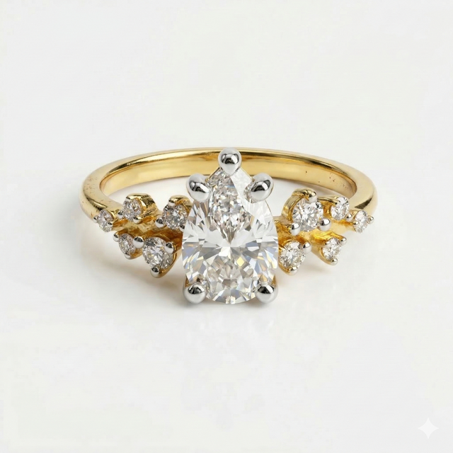 Pear Cut Lab Grown Diamond Floral Accent 14K Gold Ring