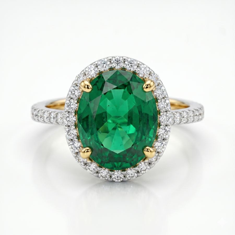 Synthetic Green Oval Cut & Moissanite Diamond Engagement Sterling Silver Ring