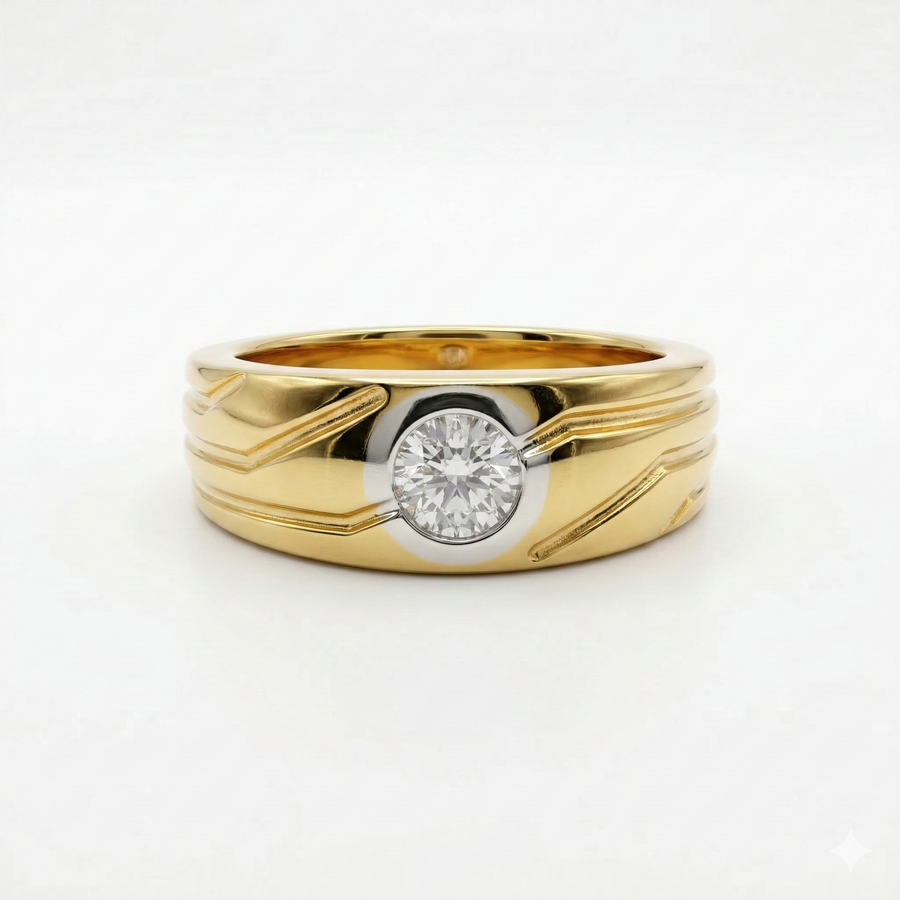 Round Cut Lab Grown Diamond Men's 18K Yellow Gold Ring