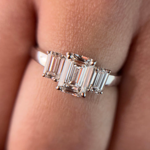 Three Stone Emerald Cut Moissanite Diamond Engagement 14K Gold Ring