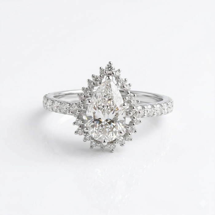 Halo Style Pear Cut Moissanite Diamond Sterling Silver Engagement Ring