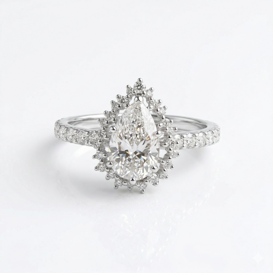 Halo Style Pear Cut Lab Grown Diamond 9K Gold Engagement Ring