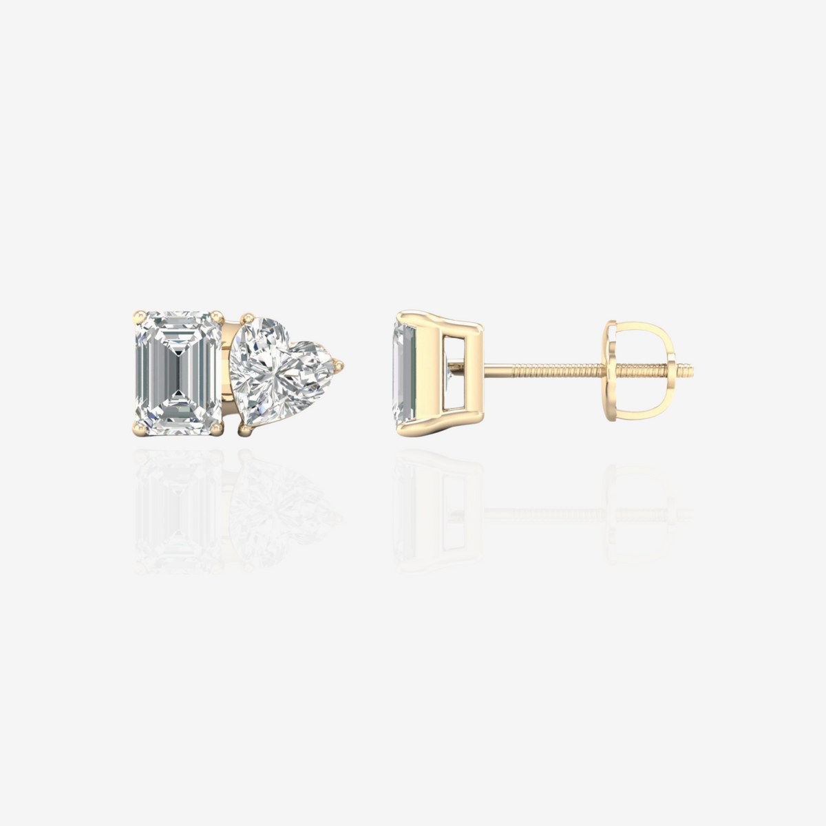 Emerald and Heart Cut Moissanite Diamond Stud 18k Gold Earrings