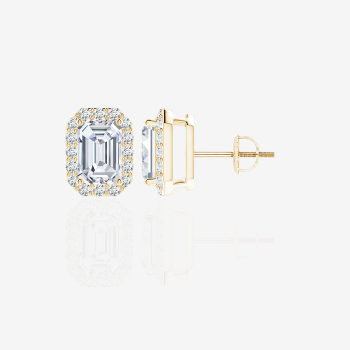 Emerald Cut Lab Grown Diamond Halo Stud 14k Gold Earrings