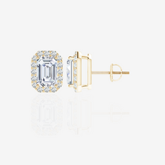 Emerald Cut Moissanite Diamond Halo Stud 14k Gold Earrings