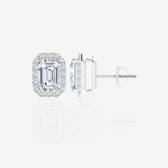 Emerald Cut Moissanite Diamond Halo Stud Sterling Silver Earrings