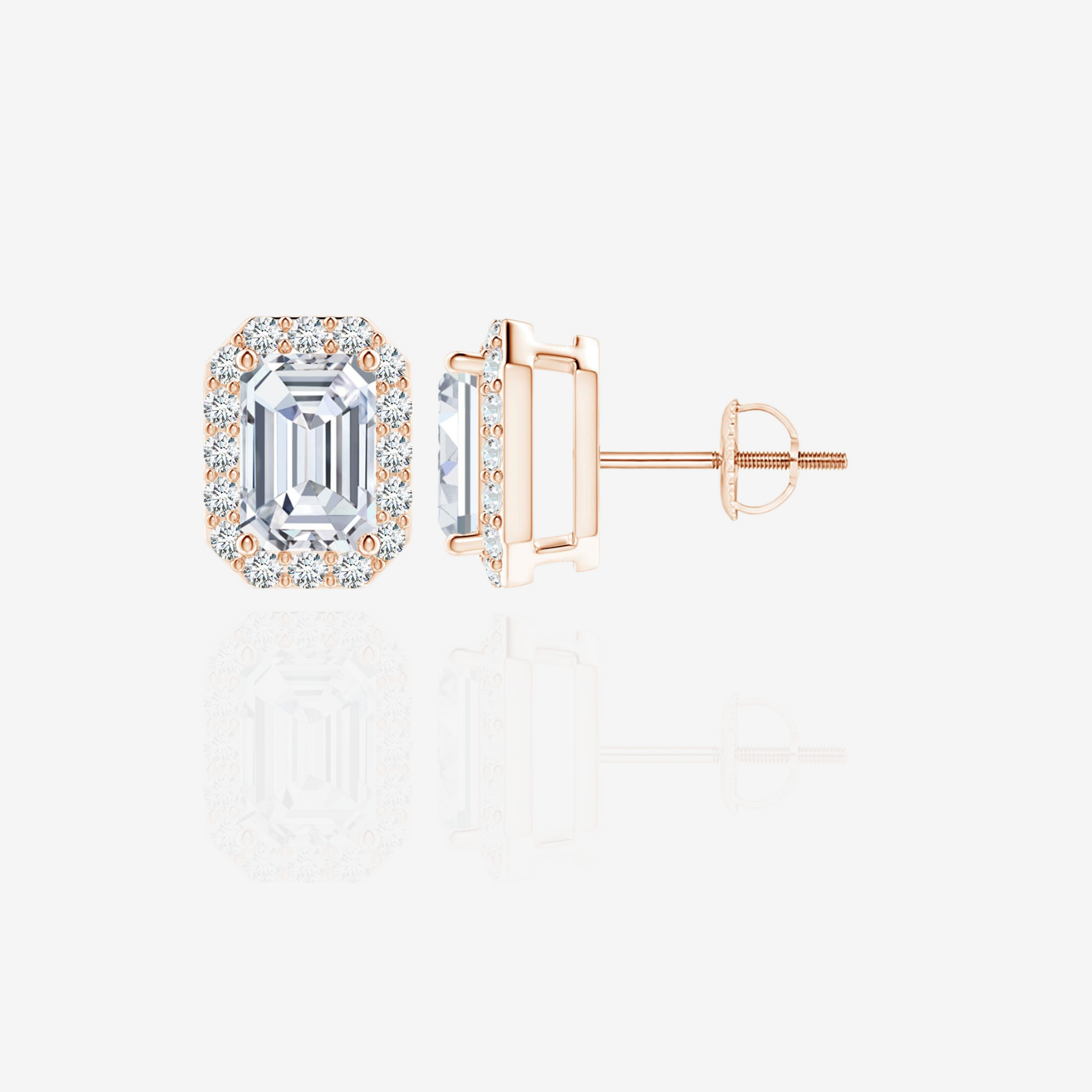 Emerald Cut Lab Grown Diamond Halo Stud 14k Gold Earrings