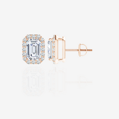 Emerald Cut Moissanite Diamond Halo Stud 18k Gold Earrings