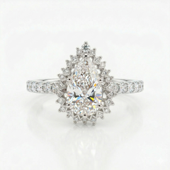 Halo Style Pear Cut Moissanite Diamond Sterling Silver Engagement Ring
