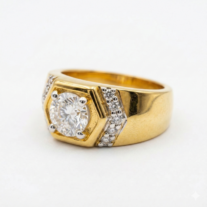 Round Cut Lab Grown Diamond Men's 9K Yellow Gold Ring