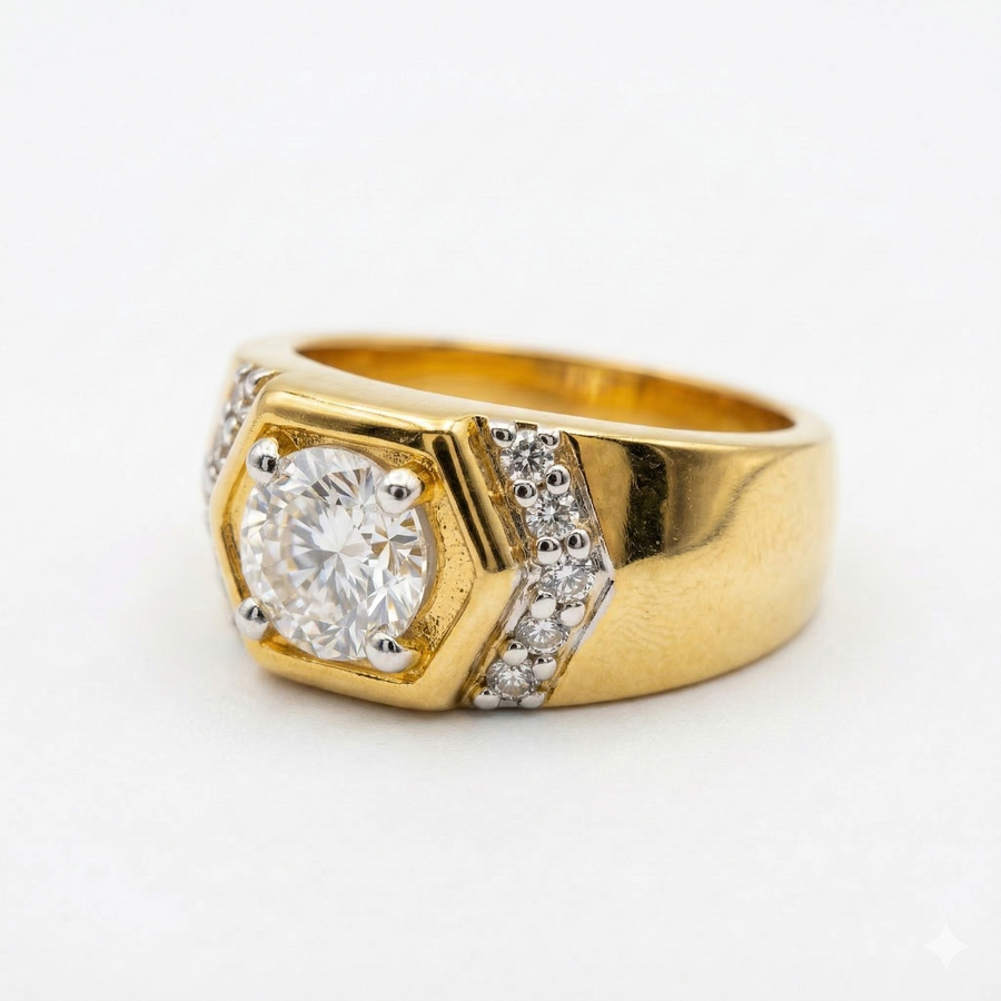Round Cut Lab Grown Diamond Men's 14K Yellow Gold Ring