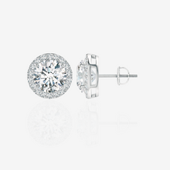 Round Cut Moissanite Diamond Halo Stud 14k Gold Earrings