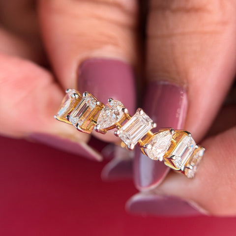 Alternating Pear and Emerald Cut Lab Grown Diamond 14K Gold Ring