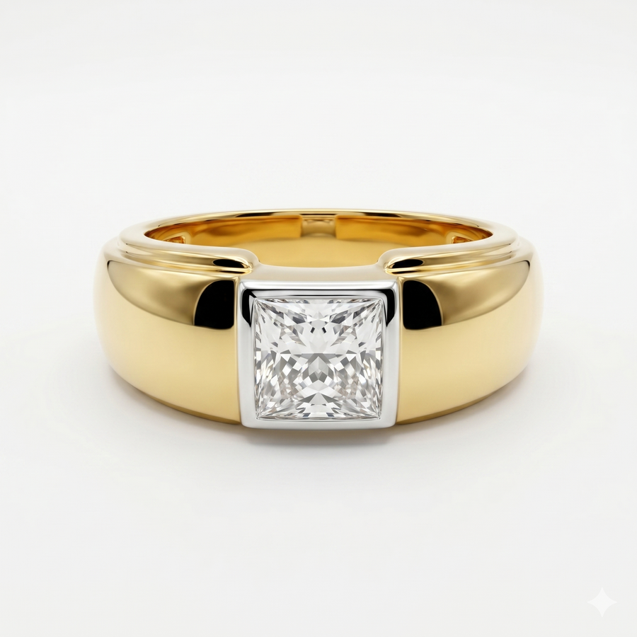 Princess Cut Moissanite Diamond Men's 18k Gold Ring