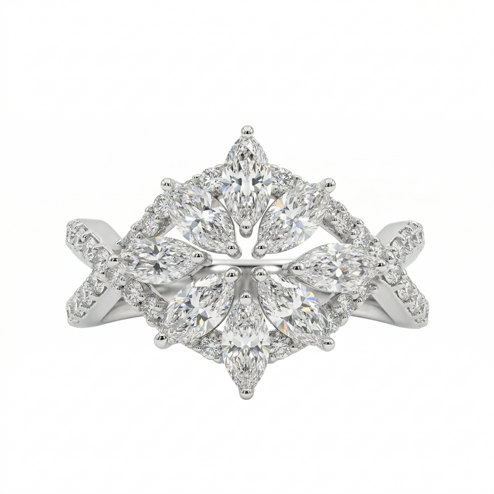 Marquise & Round Cut Moissanite Diamond Sterling Silver Engagement Ring