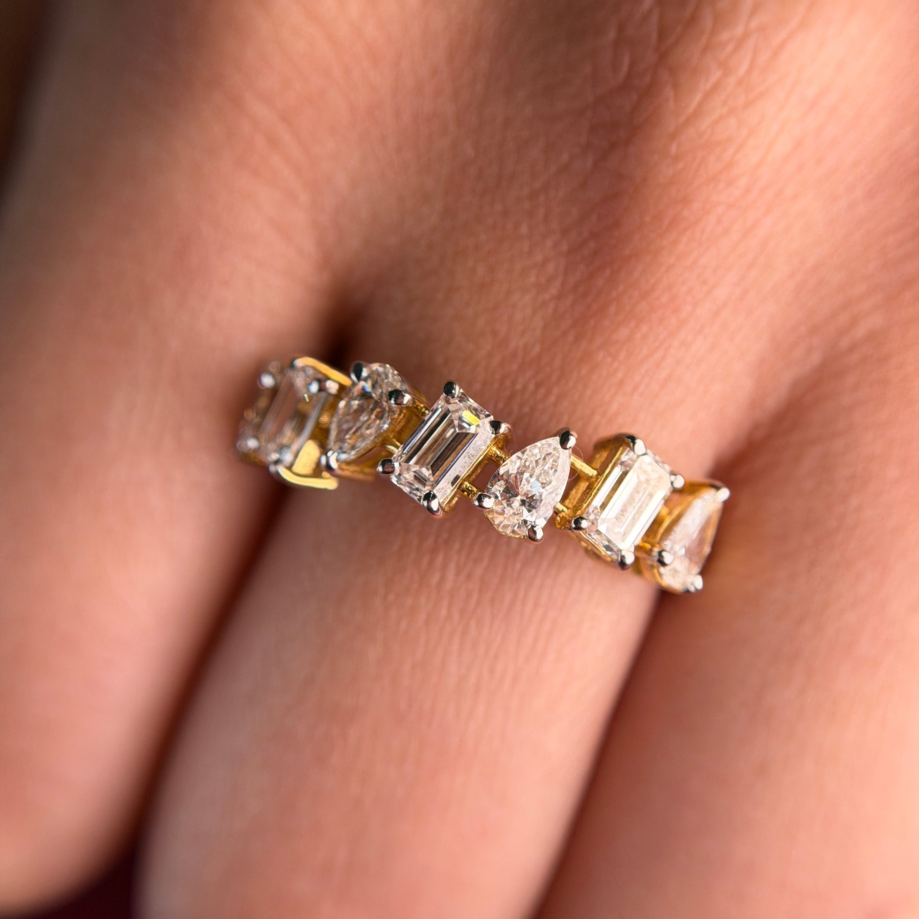 Alternating Pear & Emerald Cut Moissanite Diamond Engagement 18K Gold Ring - View 2