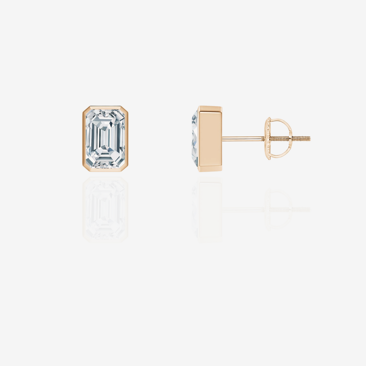 Emerald Cut Moissanite Diamond Bezel Stud 14k Gold Earrings