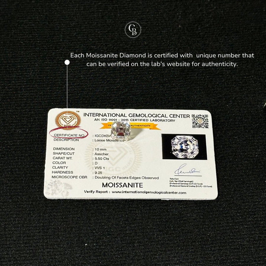Asscher Cut Certified Moissanite Diamond D VVS1