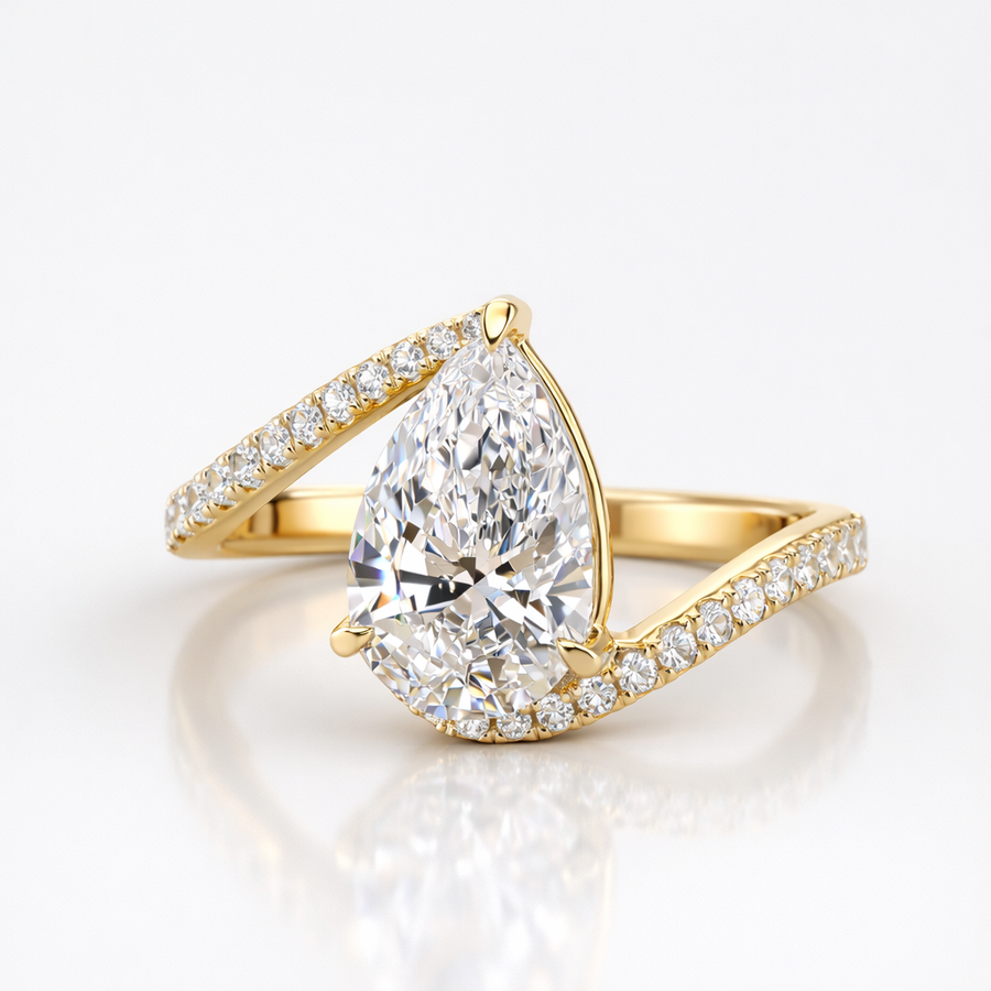 Pear Cut Lab Grown Diamond Twisted Engagement 9K Gold Ring