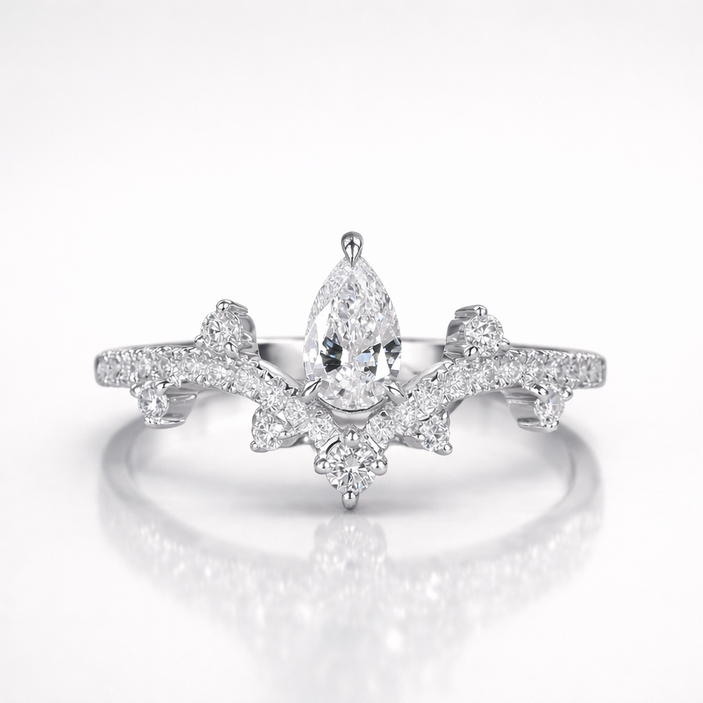 Pear and Round Cut Moissanite Diamond Wedding Sterling Silver Band Ring