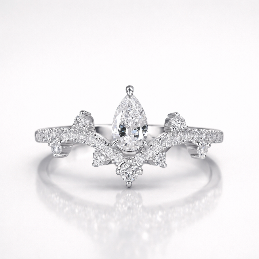 Pear and Round Cut Moissanite Diamond Wedding Sterling Silver Band Ring