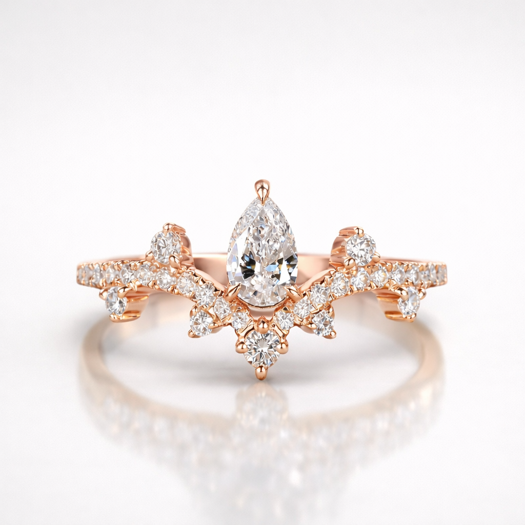 Pear and Round Cut Moissanite Diamond Wedding Sterling Silver Band Ring