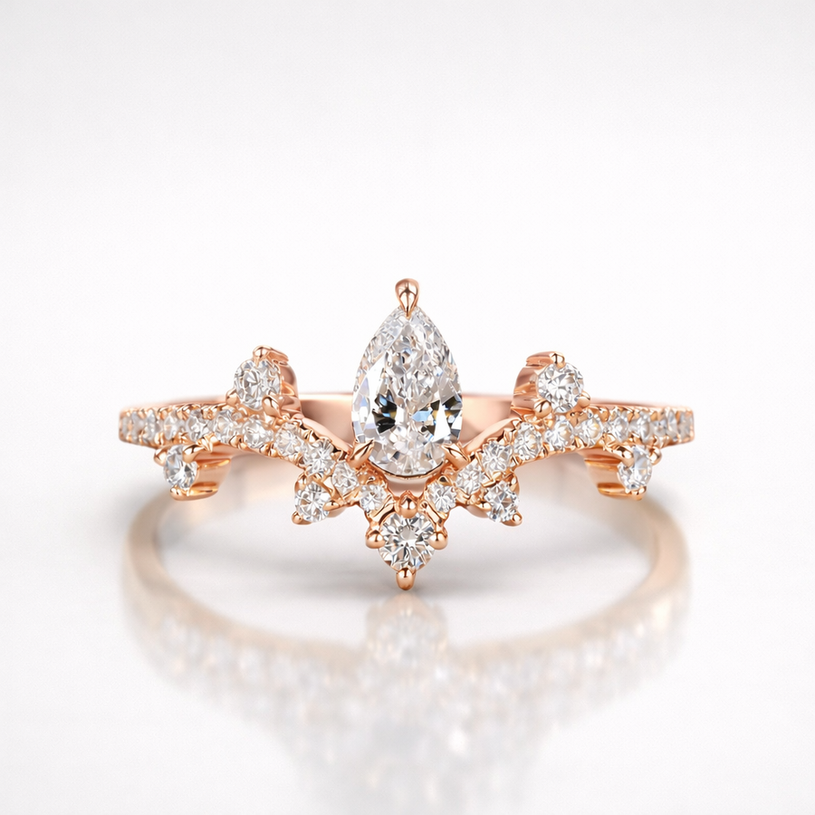 Pear and Round Cut Moissanite Diamond Wedding Sterling Silver Band Ring