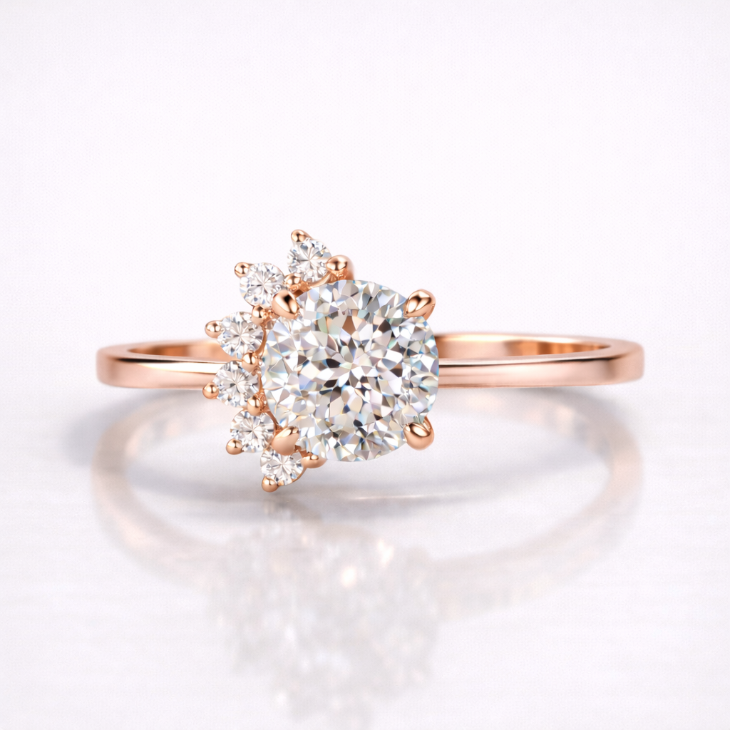 Portuguese Cut Moissanite Diamond Engagement 9K Gold Ring