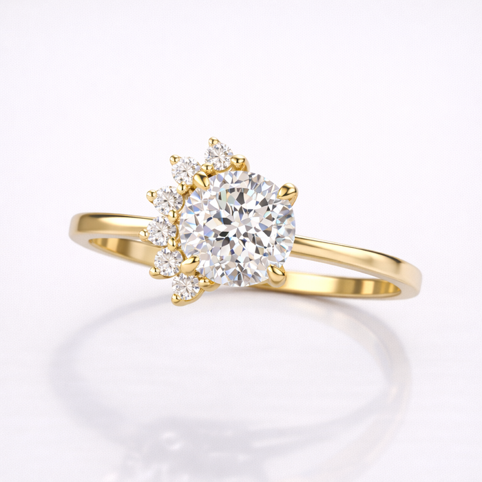 Portuguese Cut Moissanite Diamond Engagement Sterling Silver Ring