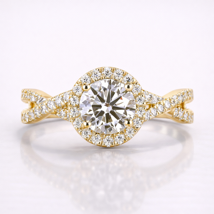 Round Cut Moissanite Diamond Twisted Engagement 18K Gold Ring