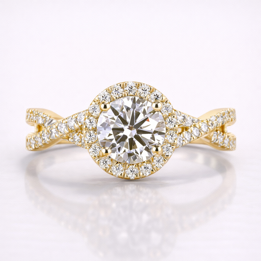 Round Cut Moissanite Diamond Twisted Engagement 9K Gold Ring