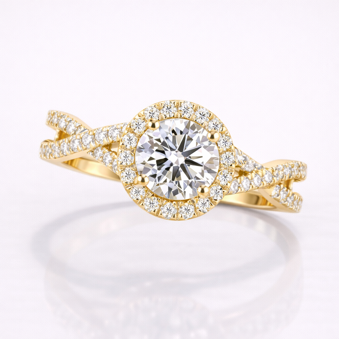 Round Cut Moissanite Diamond Twisted Engagement 18K Gold Ring