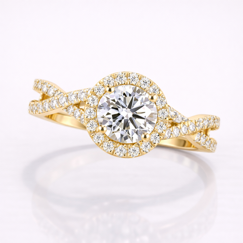 Round Cut Moissanite Diamond Twisted Engagement 9K Gold Ring