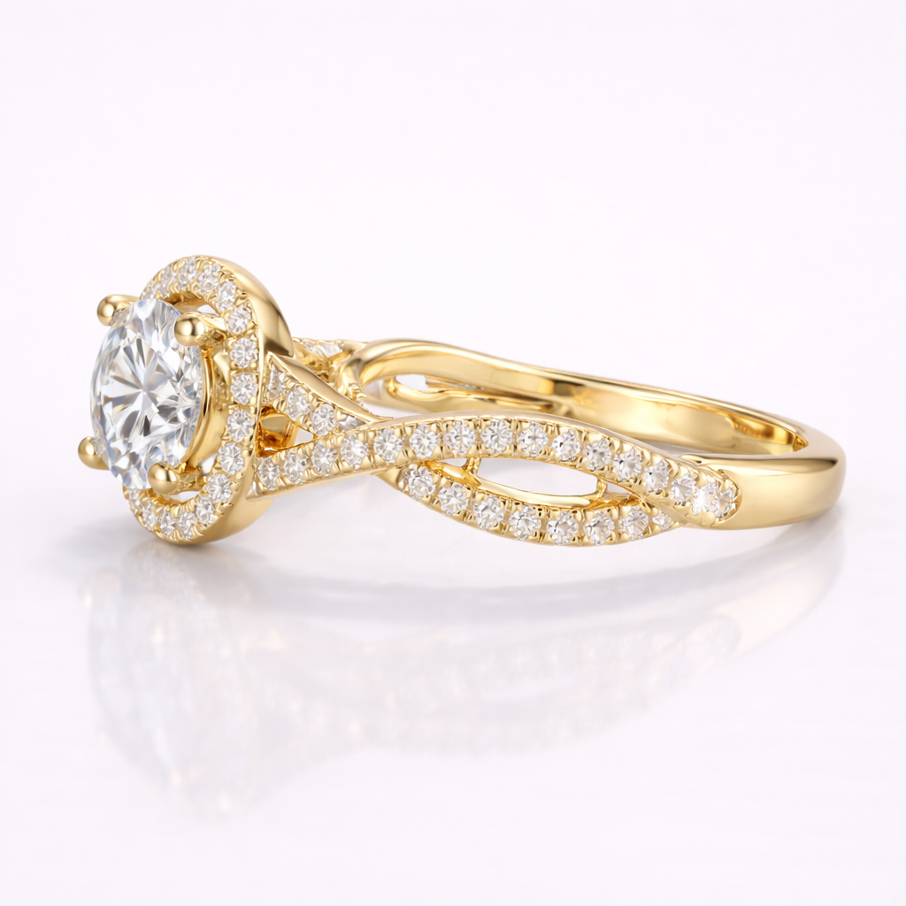 Round Cut Moissanite Diamond Twisted Engagement 9K Gold Ring