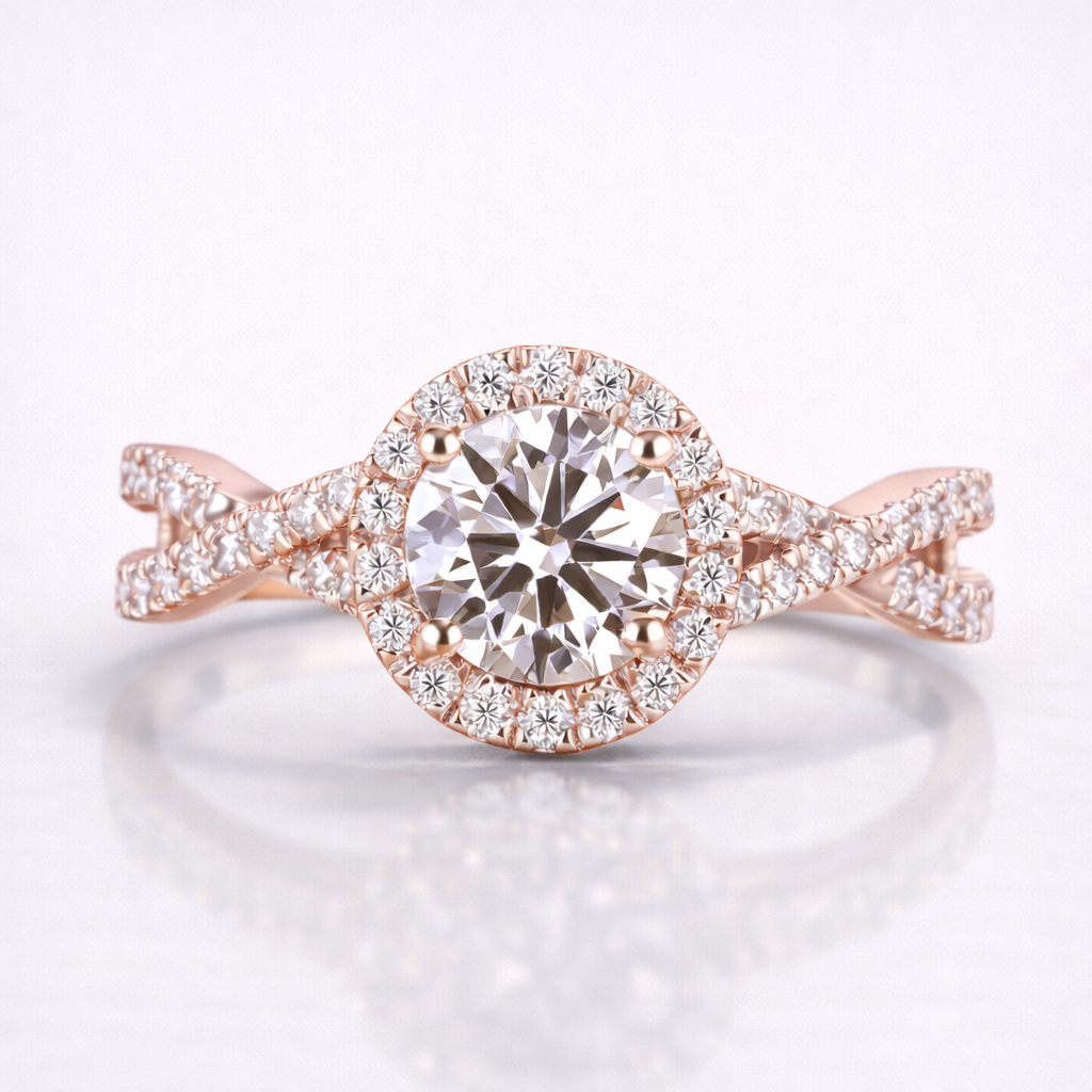 Round Cut Moissanite Diamond Twisted Engagement 9K Gold Ring