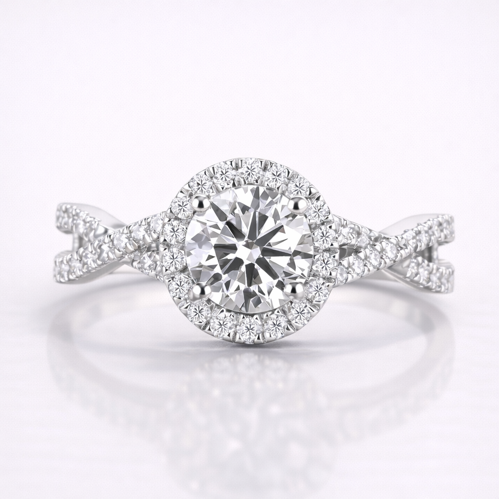 Round Cut Moissanite Diamond Twisted Engagement 18K Gold Ring