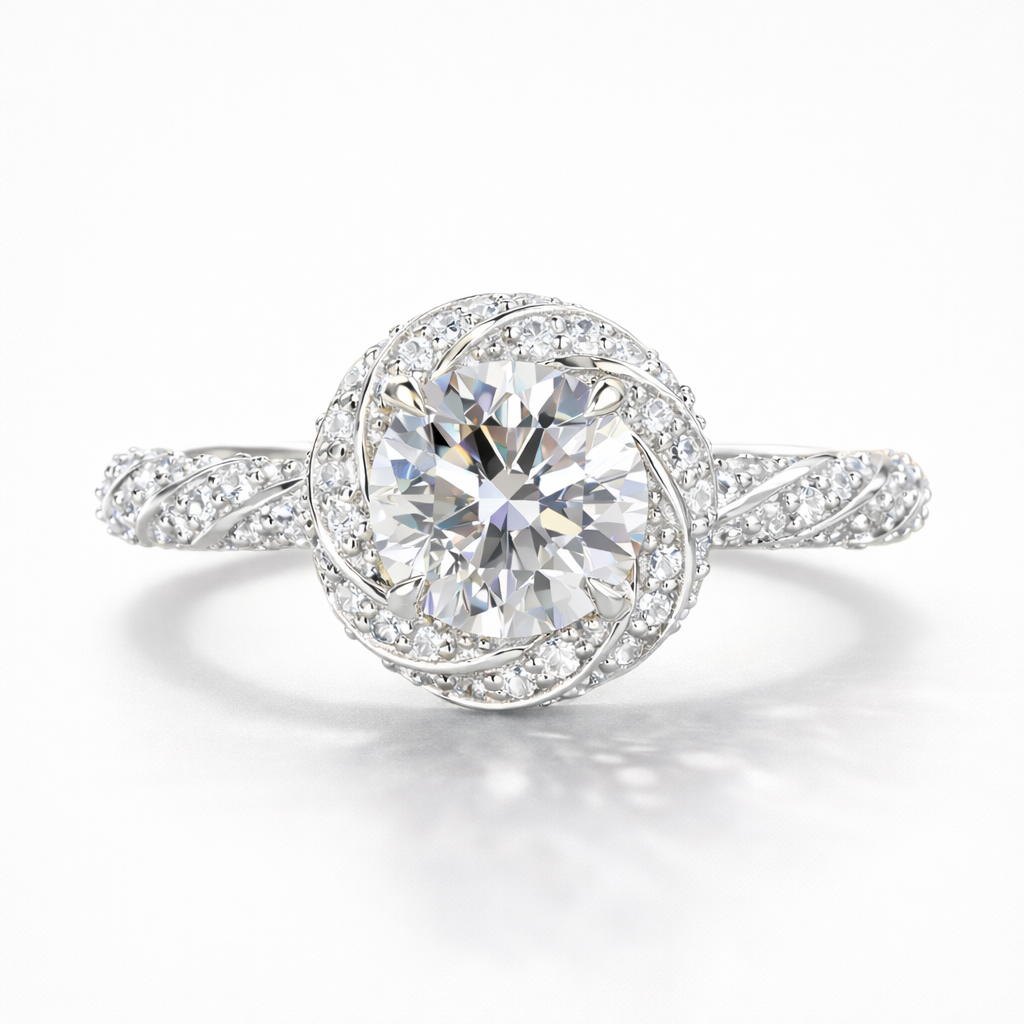 Round Cut Moissanite Diamond Twisted Pave 9K Gold Ring