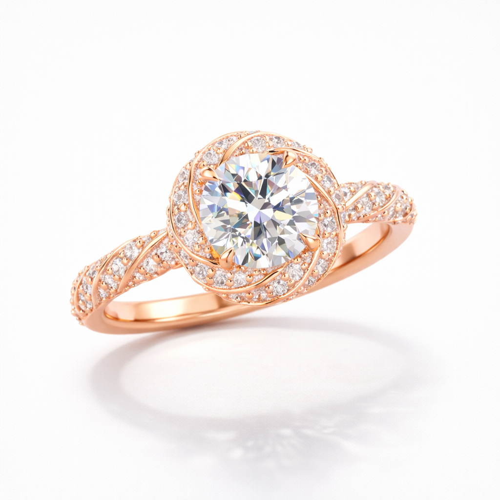 Round Cut Moissanite Diamond Twisted Pave 9K Gold Ring