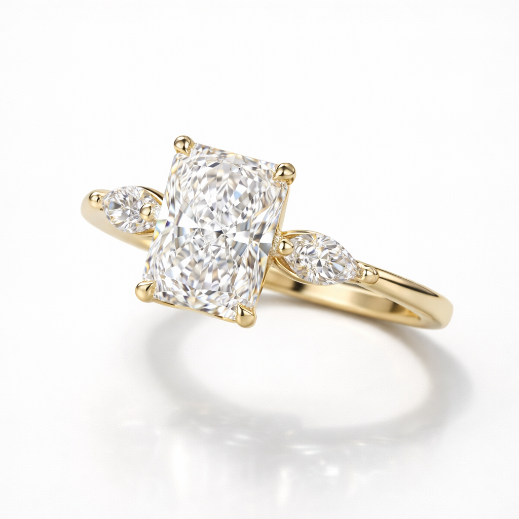 Radiant & Marquise Cut Moissanite Diamond Trilogy 18K Gold Ring