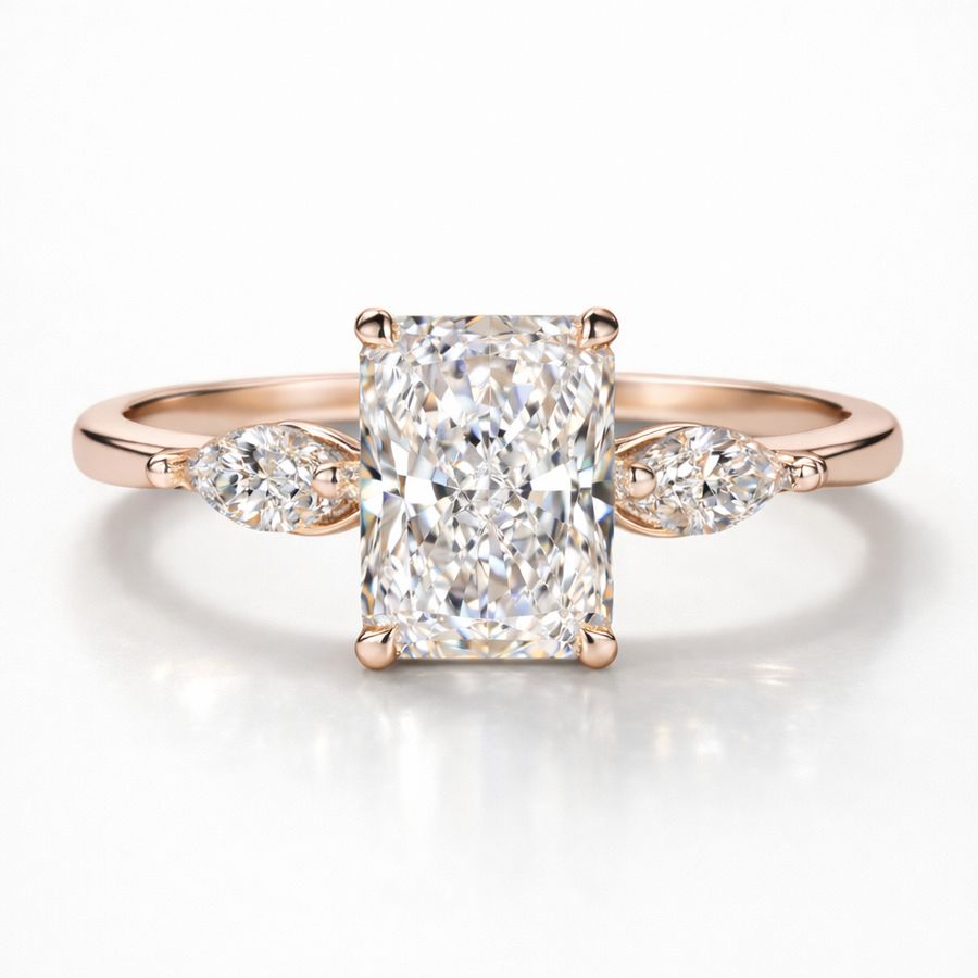 Radiant & Marquise Cut Moissanite Diamond Trilogy 18K Gold Ring