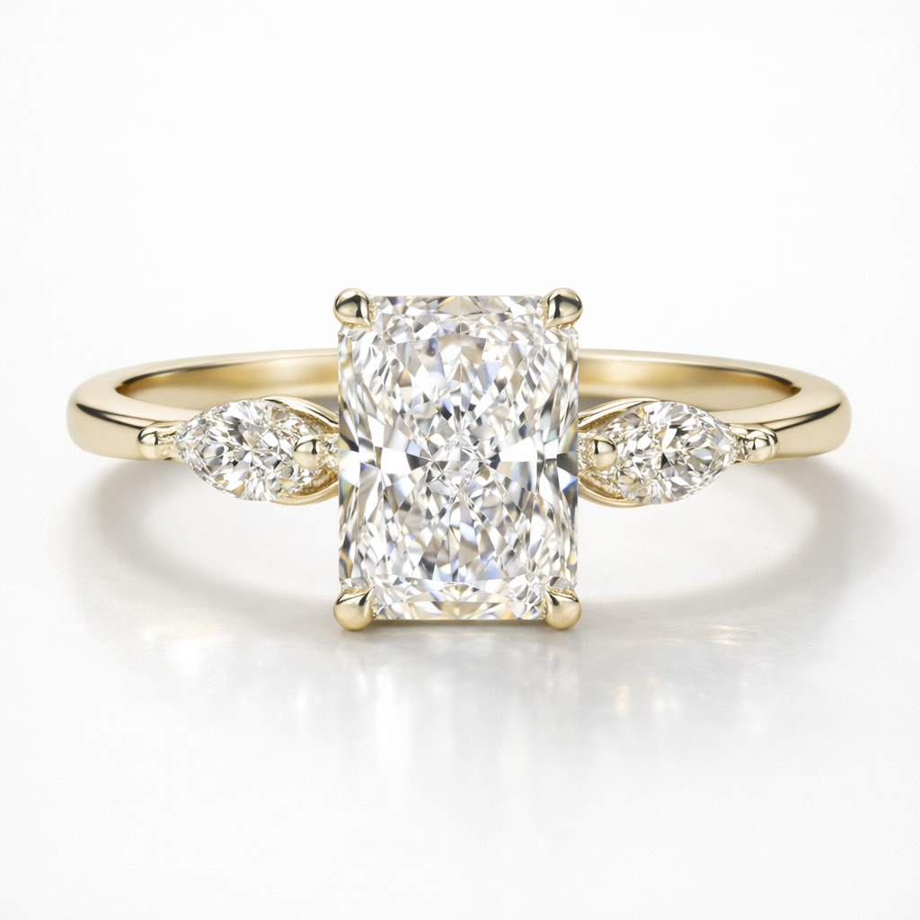 Radiant & Marquise Cut Moissanite Diamond Trilogy 18K Gold Ring