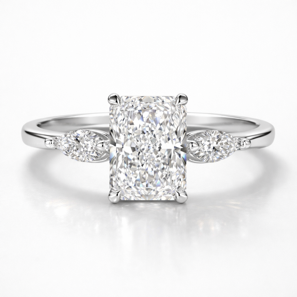 Radiant & Marquise Cut Moissanite Diamond Trilogy 18K Gold Ring