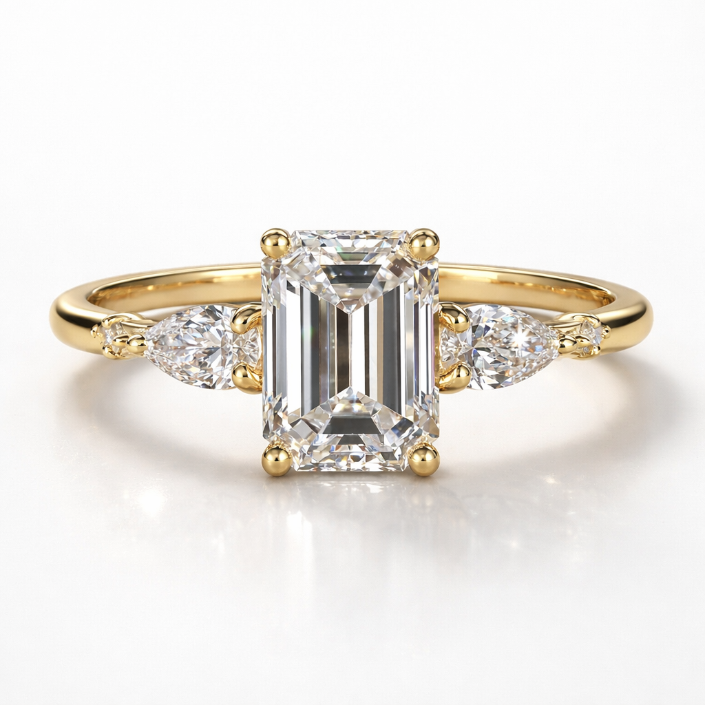 Emerald & Pear Cut Moissanite Diamond Engagement  Sterling Silver Ring