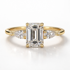 Emerald & Pear Cut Moissanite Diamond Engagement  Sterling Silver Ring