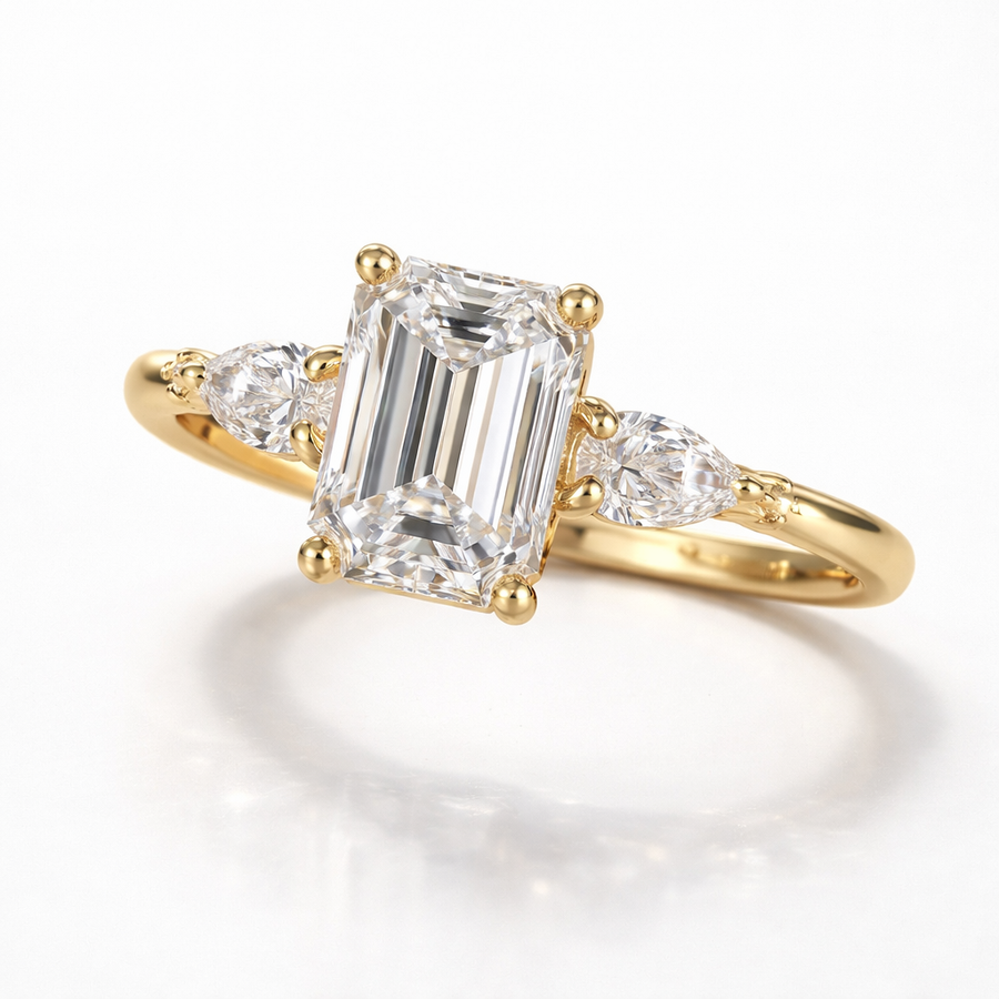 Emerald & Pear Cut Moissanite Diamond Engagement  18K Gold Ring